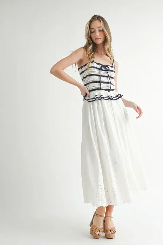 MABLE Crochet Stripe Knit Eyelet Mix Midi Dress-MABLE-Off White-S-Urbanheer