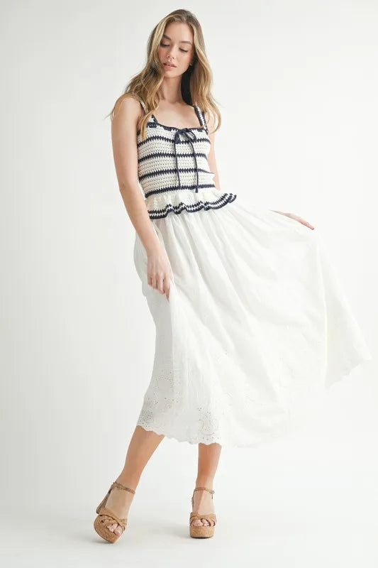 MABLE Crochet Stripe Knit Eyelet Mix Midi Dress-MABLE-Off White-S-Urbanheer