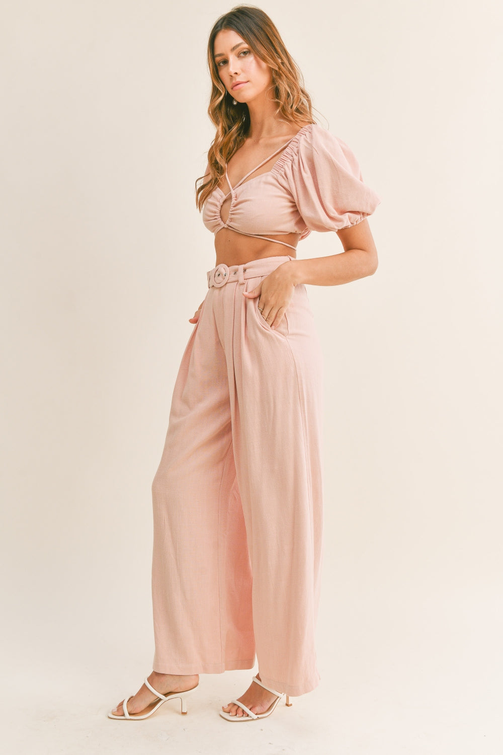 Mable Cut Out Drawstring Crop Top And Belted Pants Set-MABLE-Dusty Pink-S-Urbanheer
