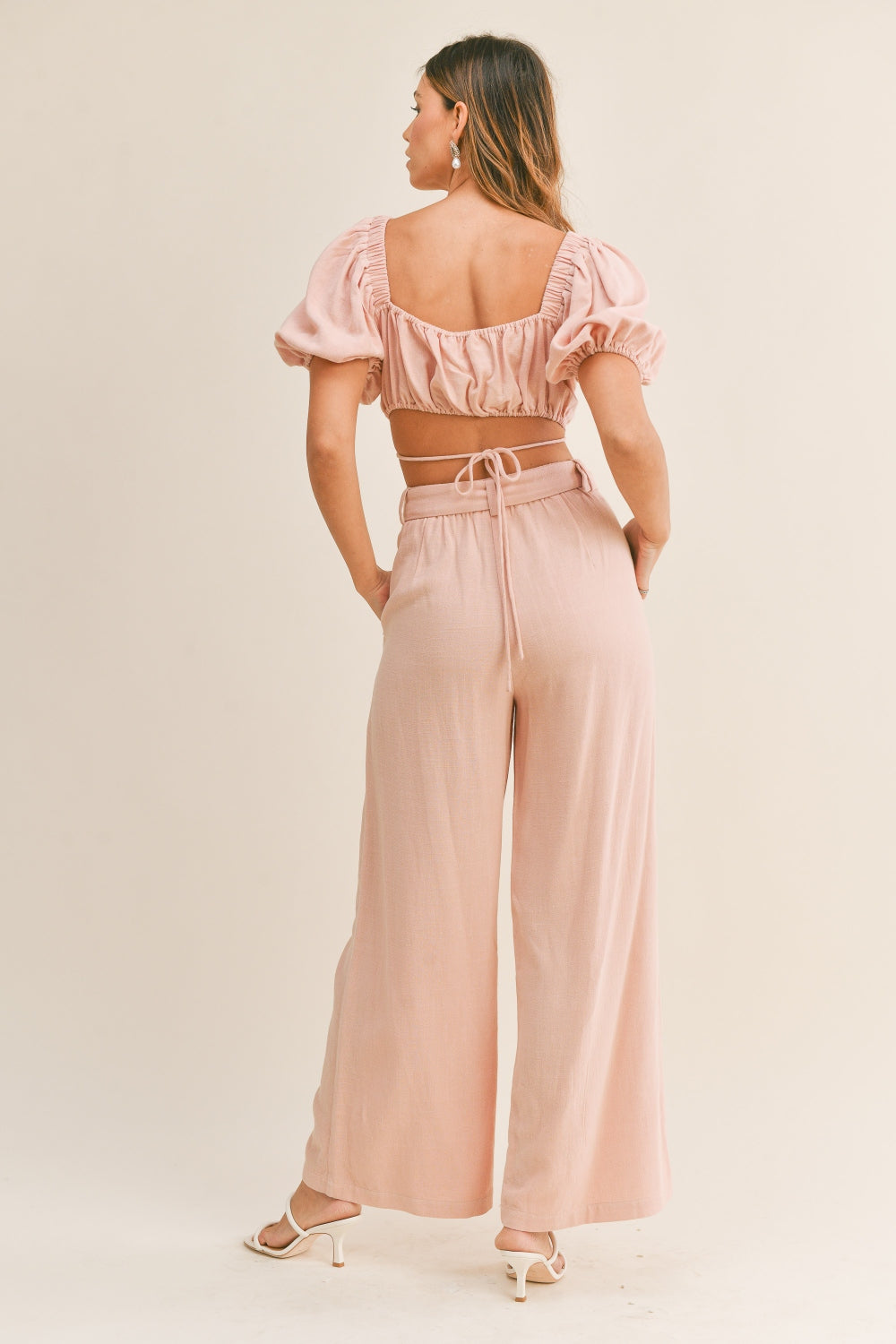 Mable Cut Out Drawstring Crop Top And Belted Pants Set-MABLE-Dusty Pink-S-Urbanheer