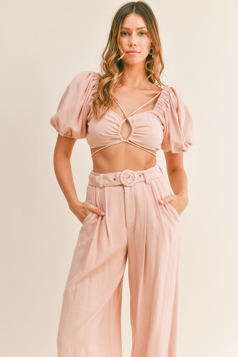 Mable Cut Out Drawstring Crop Top And Belted Pants Set-MABLE-Dusty Pink-S-Urbanheer