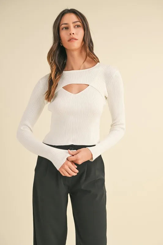 MABLE Cut Out Long Sleeve Ribbed Knit Top-MABLE-Off White-S-Urbanheer