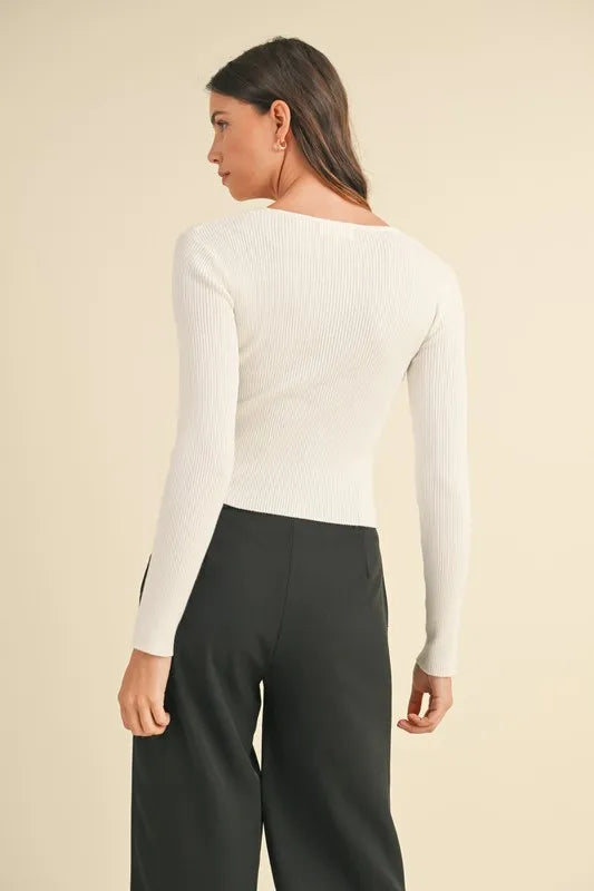 MABLE Cut Out Long Sleeve Ribbed Knit Top-MABLE-Off White-S-Urbanheer