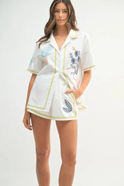 MABLE Embroidered Button Down Shirt and Shorts Set-MABLE-Lime-M-Urbanheer