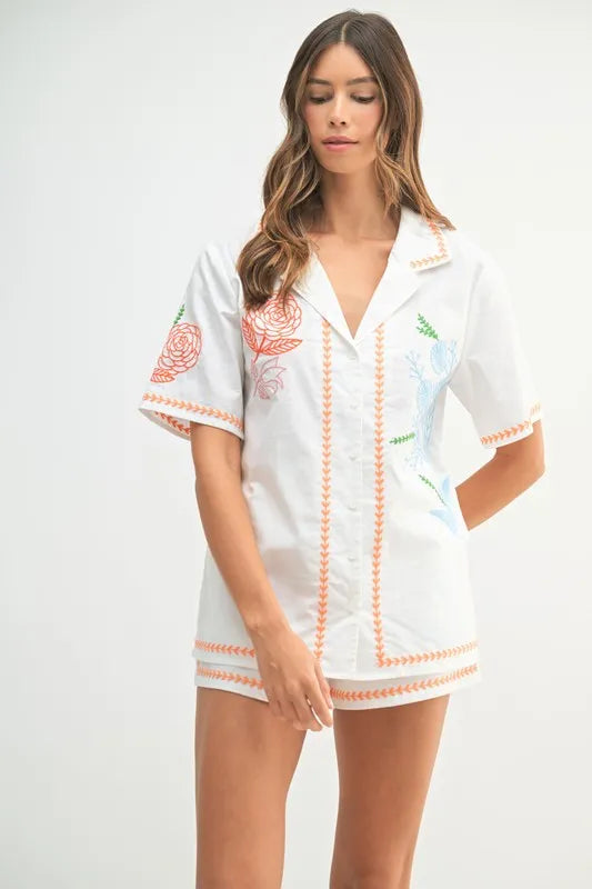 MABLE Embroidered Button Down Shirt and Shorts Set-MABLE-Lime-M-Urbanheer