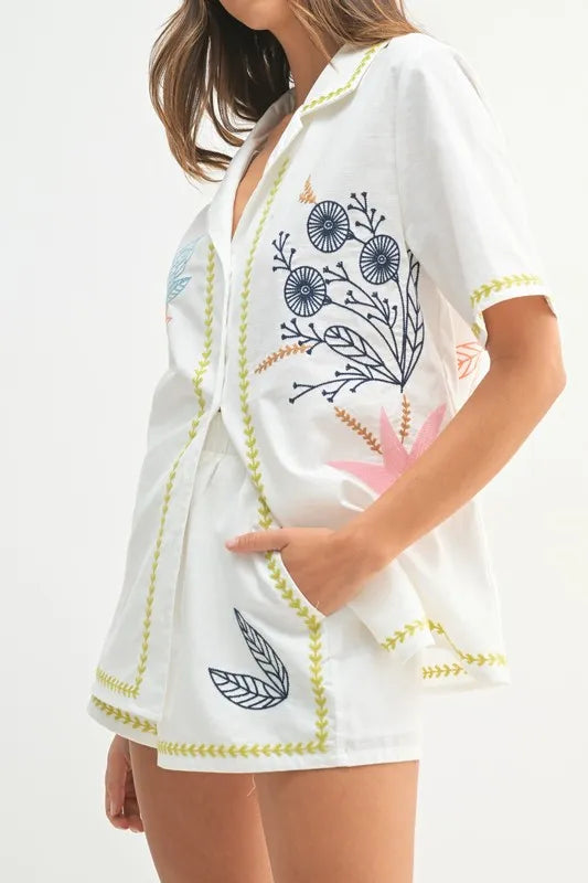 MABLE Embroidered Button Down Shirt and Shorts Set-MABLE-Lime-M-Urbanheer