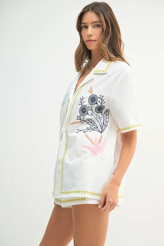MABLE Embroidered Button Down Shirt and Shorts Set-MABLE-Lime-M-Urbanheer