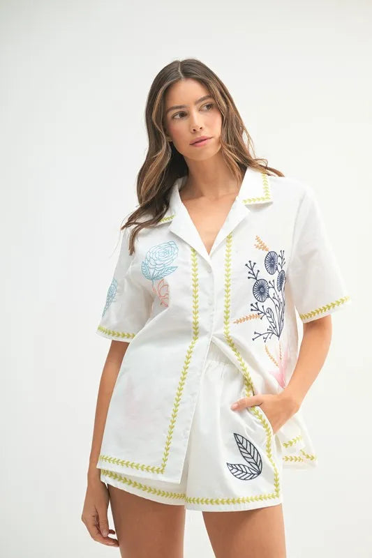 MABLE Embroidered Button Down Shirt and Shorts Set-MABLE-Lime-M-Urbanheer