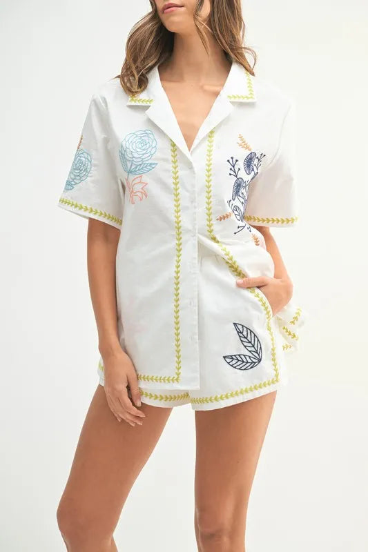 MABLE Embroidered Button Down Shirt and Shorts Set-MABLE-Lime-M-Urbanheer