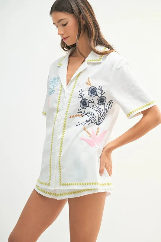 MABLE Embroidered Button Down Shirt and Shorts Set-MABLE-Lime-M-Urbanheer