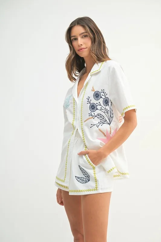 MABLE Embroidered Button Down Shirt and Shorts Set-MABLE-Lime-M-Urbanheer