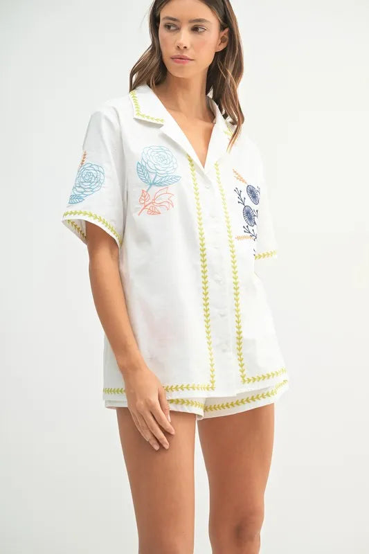 MABLE Embroidered Button Down Shirt and Shorts Set-MABLE-Lime-M-Urbanheer
