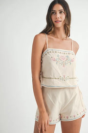 MABLE Embroidered Crop Top and Shorts Set-MABLE-Taupe-S-Urbanheer