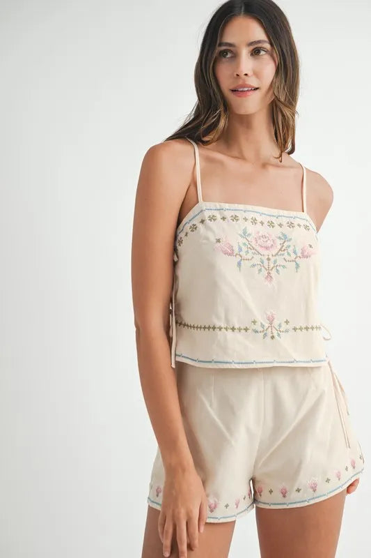 MABLE Embroidered Crop Top and Shorts Set-MABLE-Taupe-S-Urbanheer