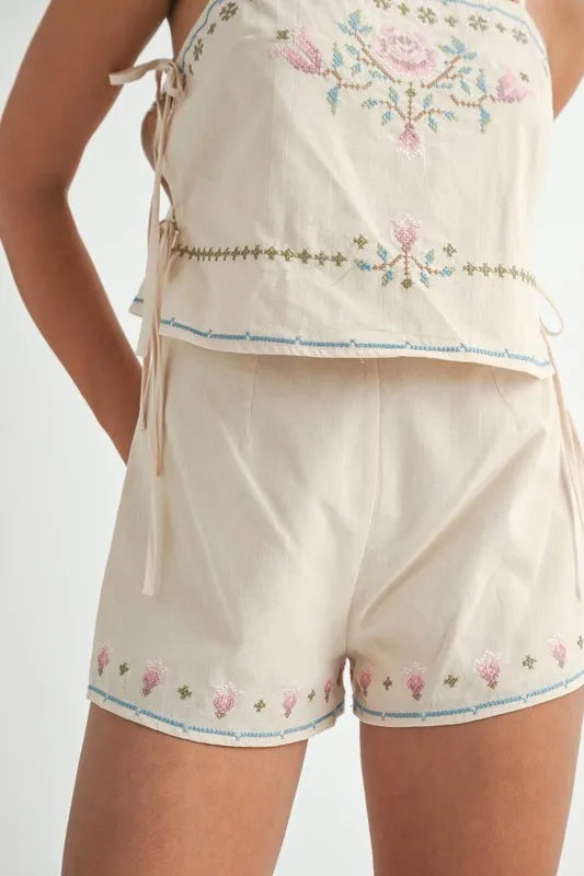 MABLE Embroidered Crop Top and Shorts Set-MABLE-Taupe-S-Urbanheer