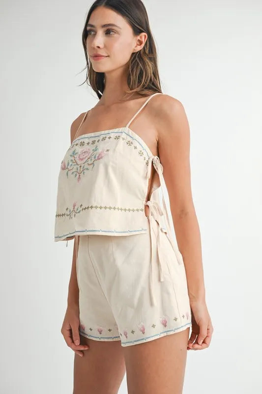 MABLE Embroidered Crop Top and Shorts Set-MABLE-Taupe-S-Urbanheer