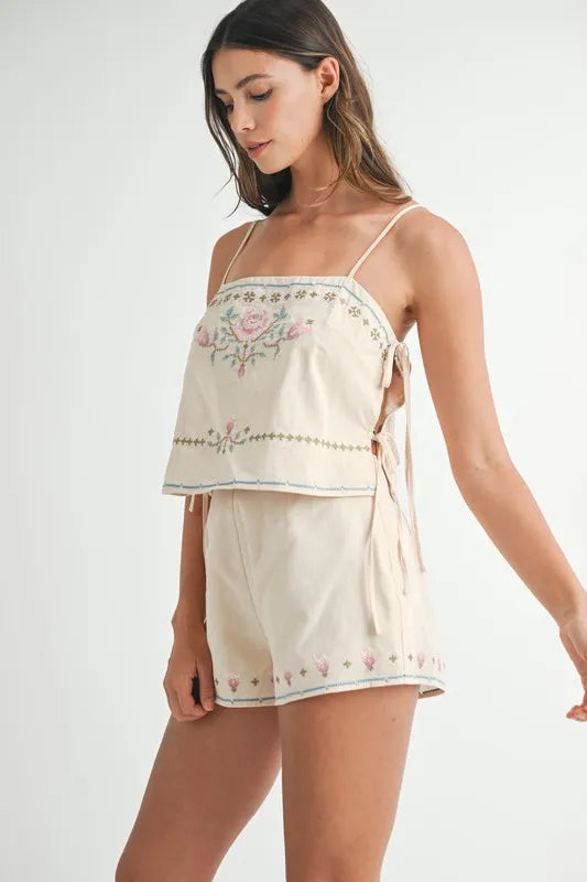 MABLE Embroidered Crop Top and Shorts Set-MABLE-Taupe-S-Urbanheer