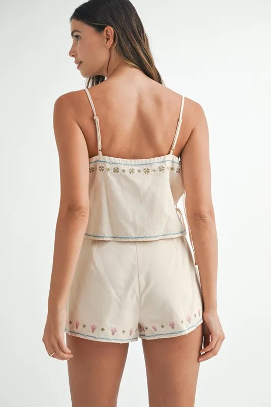 MABLE Embroidered Crop Top and Shorts Set-MABLE-Taupe-S-Urbanheer