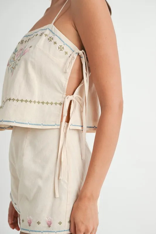 MABLE Embroidered Crop Top and Shorts Set-MABLE-Taupe-S-Urbanheer