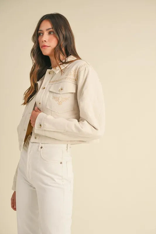 MABLE Embroidered Quilted Cropped Jacket-MABLE-Taupe-S-Urbanheer