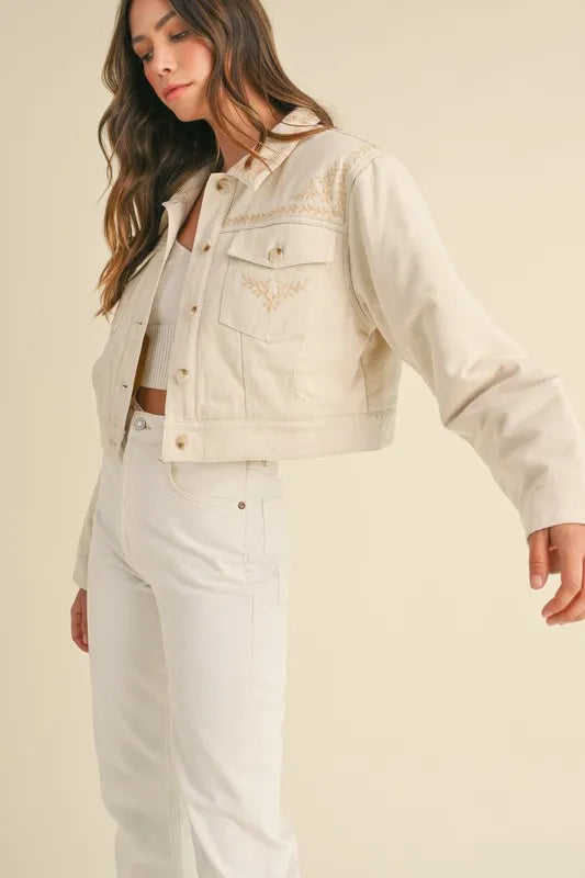 MABLE Embroidered Quilted Cropped Jacket-MABLE-Taupe-S-Urbanheer