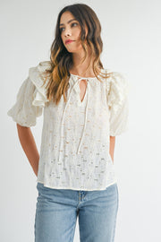 Mable Eyelet Lace Ruffle Shoulder Puff Sleeve Blouse-MABLE-Cream-S-Urbanheer