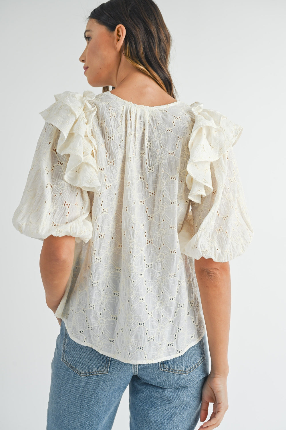 Mable Eyelet Lace Ruffle Shoulder Puff Sleeve Blouse-MABLE-Cream-S-Urbanheer