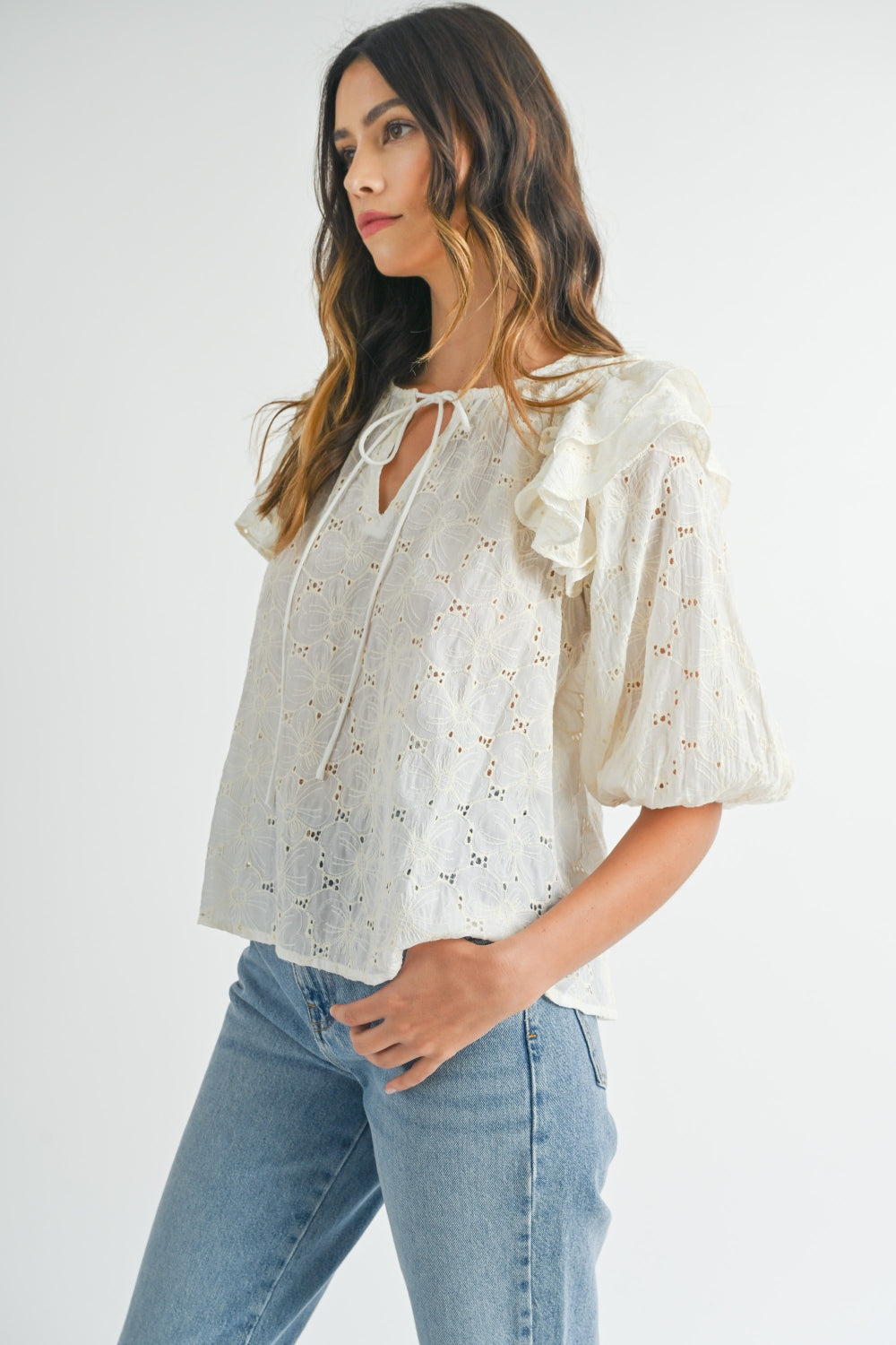 Mable Eyelet Lace Ruffle Shoulder Puff Sleeve Blouse-MABLE-Cream-S-Urbanheer