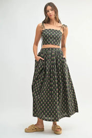 MABLE Floral Crop Top and Skirt Set-MABLE-Black-S-Urbanheer
