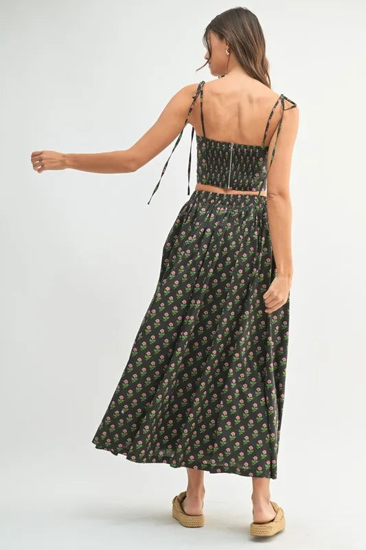 MABLE Floral Crop Top and Skirt Set-MABLE-Black-S-Urbanheer
