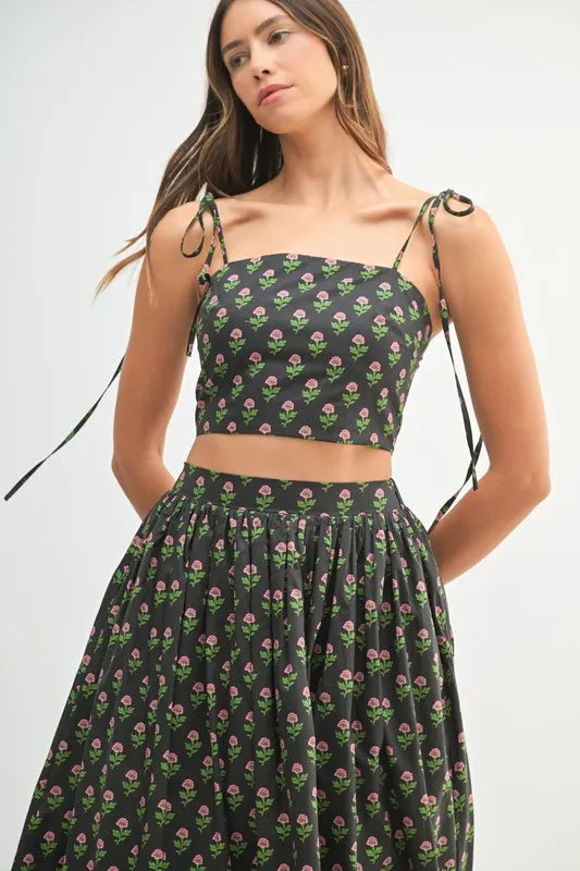 MABLE Floral Crop Top and Skirt Set-MABLE-Black-S-Urbanheer