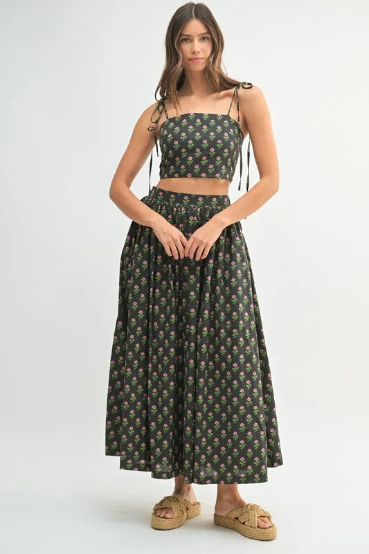 MABLE Floral Crop Top and Skirt Set-MABLE-Black-S-Urbanheer