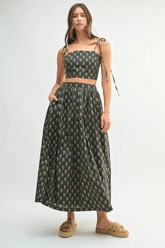 MABLE Floral Crop Top and Skirt Set-MABLE-Black-S-Urbanheer