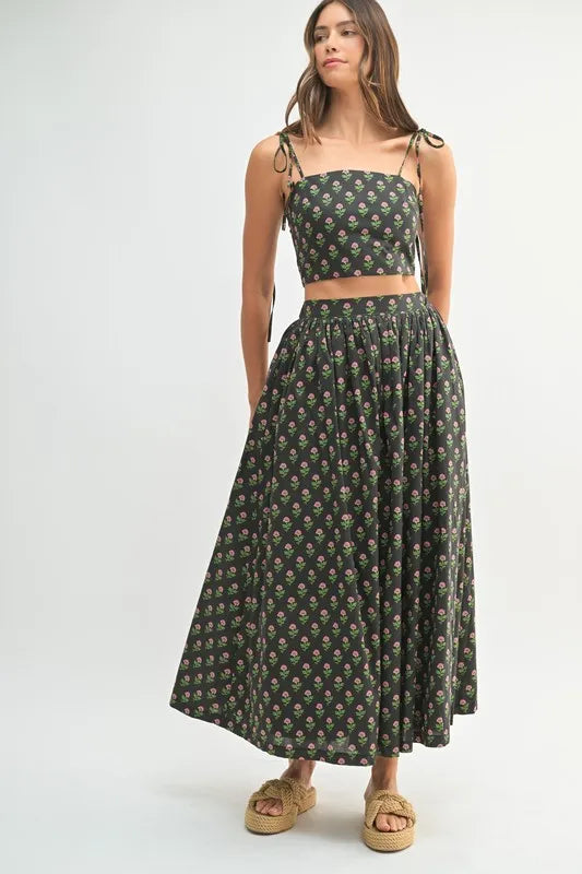 MABLE Floral Crop Top and Skirt Set-MABLE-Black-S-Urbanheer