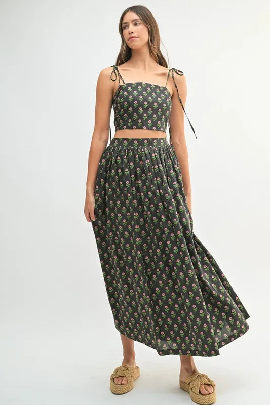 MABLE Floral Crop Top and Skirt Set-MABLE-Black-S-Urbanheer