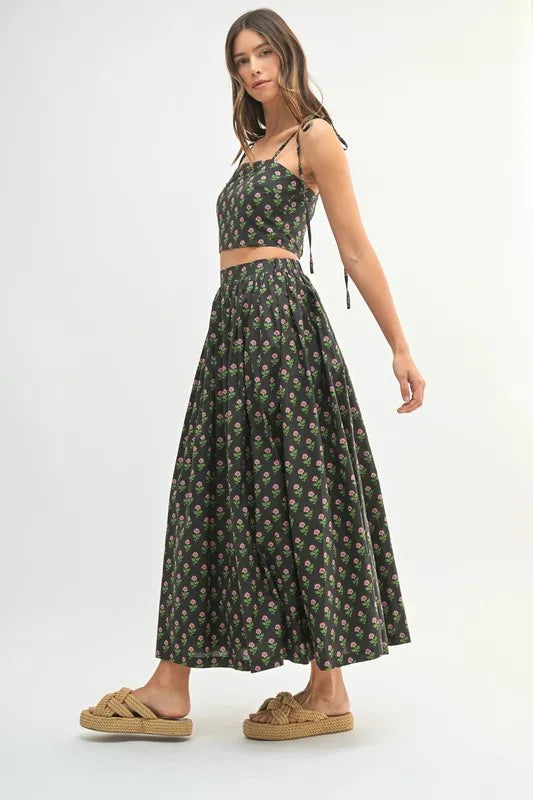 MABLE Floral Crop Top and Skirt Set-MABLE-Black-S-Urbanheer