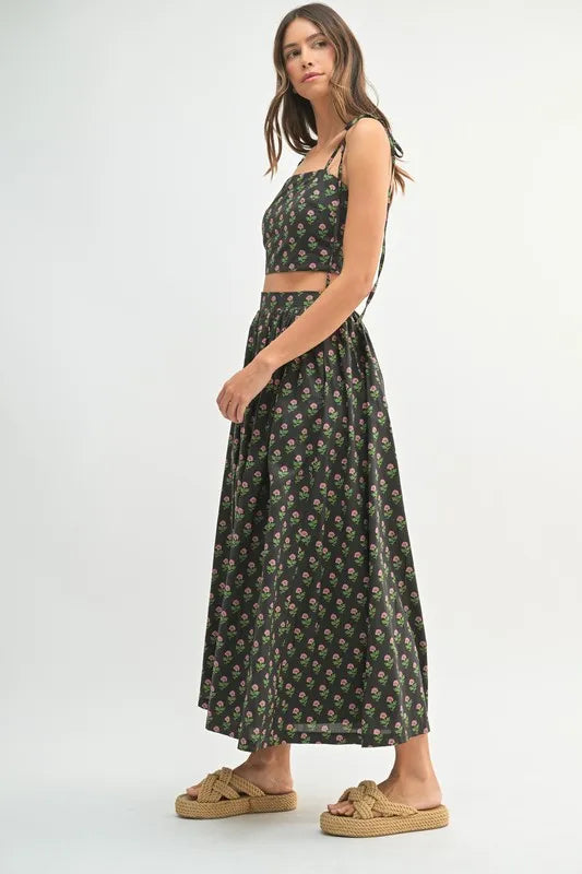 MABLE Floral Crop Top and Skirt Set-MABLE-Black-S-Urbanheer