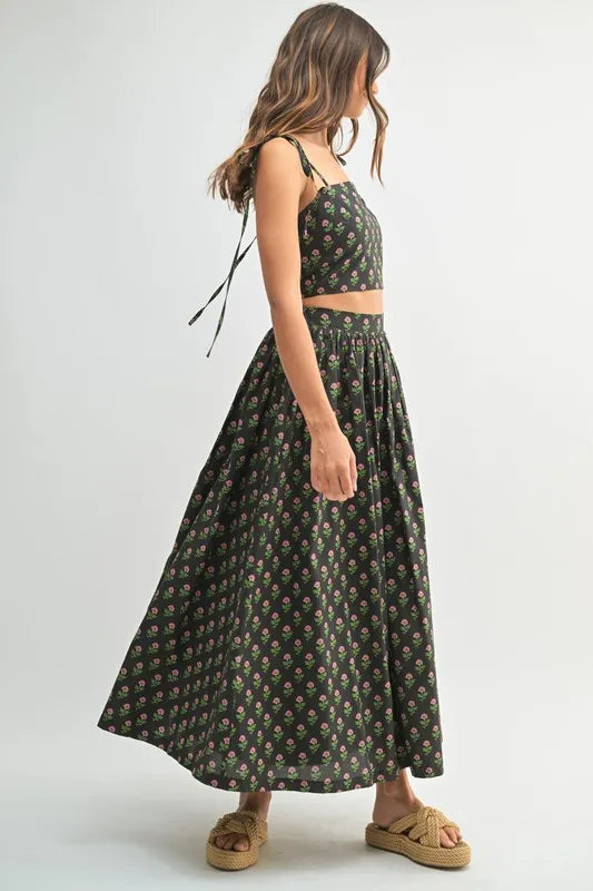 MABLE Floral Crop Top and Skirt Set-MABLE-Black-S-Urbanheer