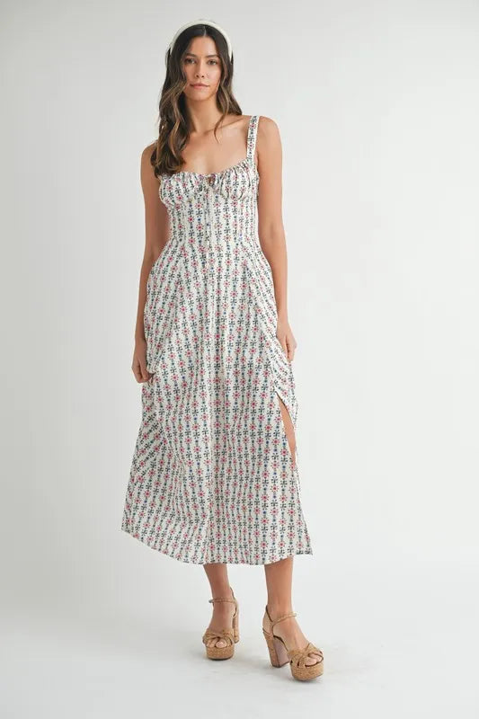 MABLE Floral Print Bustier Back Lace Up Midi Dress-MABLE-CREAM-S-Urbanheer