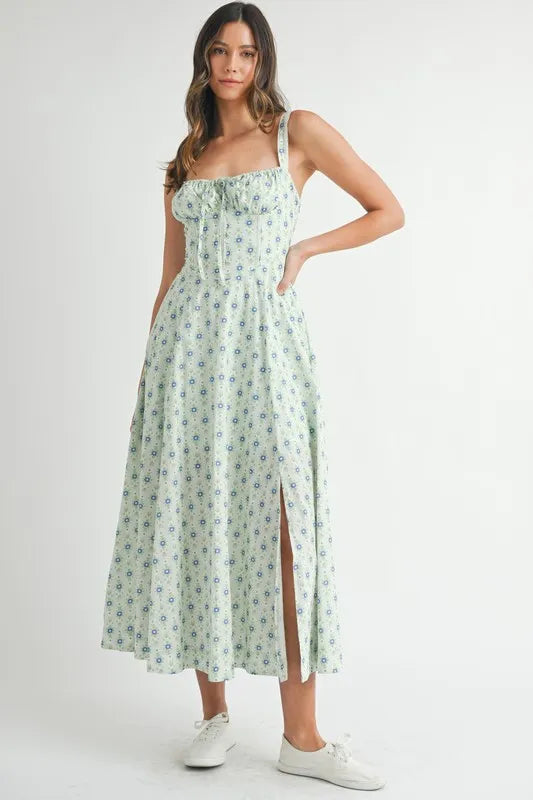 MABLE Floral Print Bustier Back Lace Up Midi Dress-MABLE-MINT-S-Urbanheer
