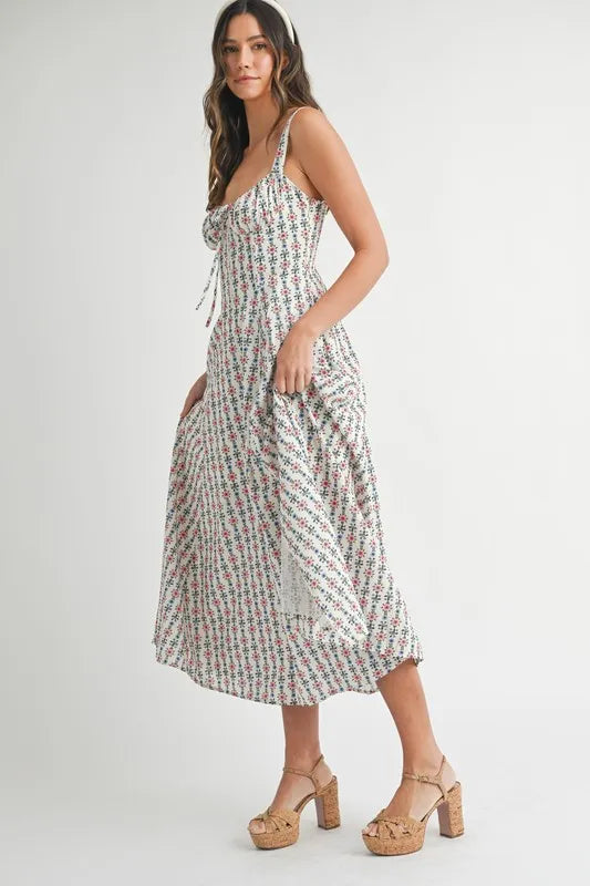 MABLE Floral Print Bustier Back Lace Up Midi Dress-MABLE-CREAM-S-Urbanheer