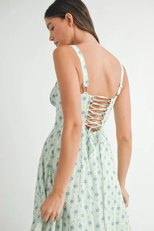 MABLE Floral Print Bustier Back Lace Up Midi Dress-MABLE-MINT-S-Urbanheer