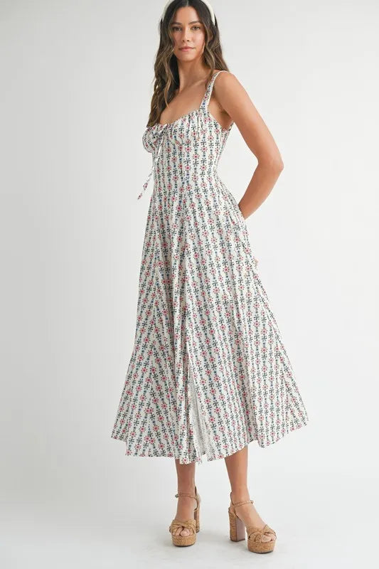 MABLE Floral Print Bustier Back Lace Up Midi Dress-MABLE-CREAM-S-Urbanheer