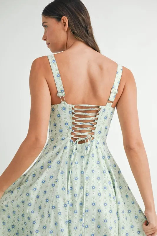 MABLE Floral Print Bustier Back Lace Up Midi Dress-MABLE-MINT-S-Urbanheer