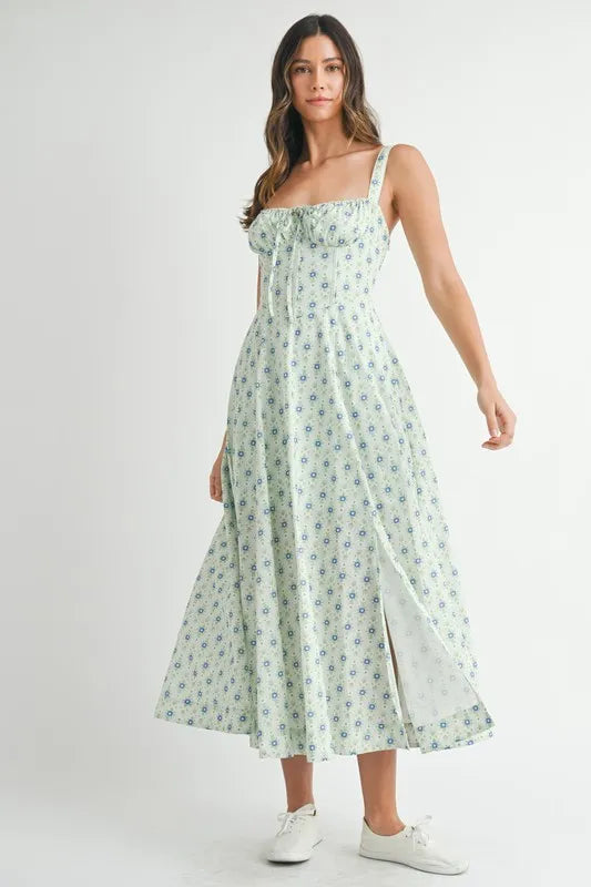 MABLE Floral Print Bustier Back Lace Up Midi Dress-MABLE-MINT-S-Urbanheer