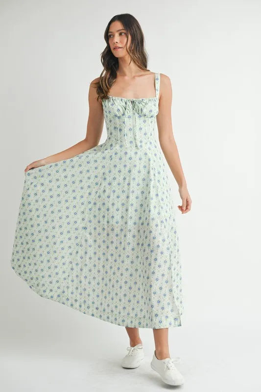 MABLE Floral Print Bustier Back Lace Up Midi Dress-MABLE-MINT-S-Urbanheer