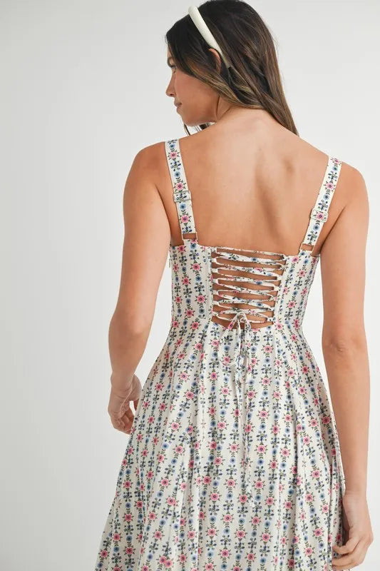 MABLE Floral Print Bustier Back Lace Up Midi Dress-MABLE-CREAM-S-Urbanheer