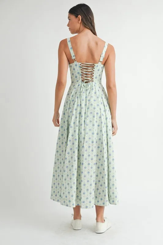 MABLE Floral Print Bustier Back Lace Up Midi Dress-MABLE-MINT-S-Urbanheer