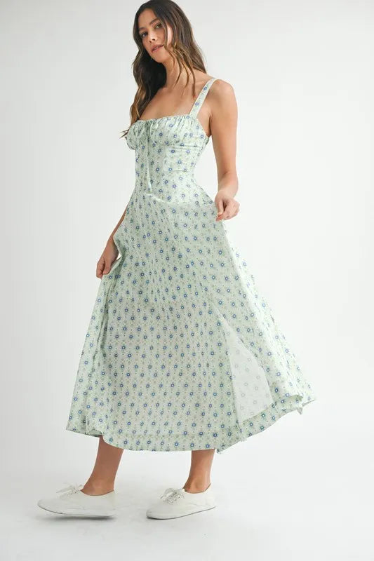 MABLE Floral Print Bustier Back Lace Up Midi Dress-MABLE-MINT-S-Urbanheer