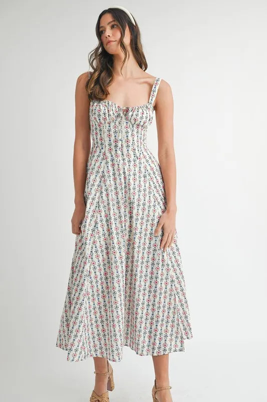 MABLE Floral Print Bustier Back Lace Up Midi Dress-MABLE-CREAM-S-Urbanheer